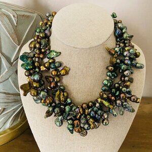 Vintage Peacock Iridescent Keshi Pearl Chunky Statement Necklace 18"